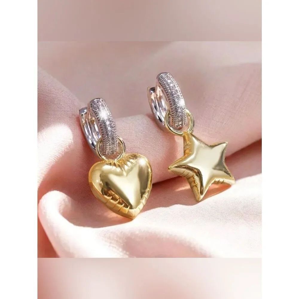Gold Heart & Star Drop Hoop Earrings N1468